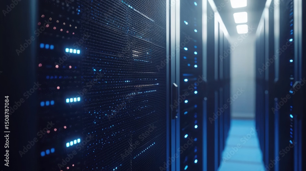 Fototapete dimly lit data center aisle with glowing blue server lights and mesh panels, perfect for showcasing 