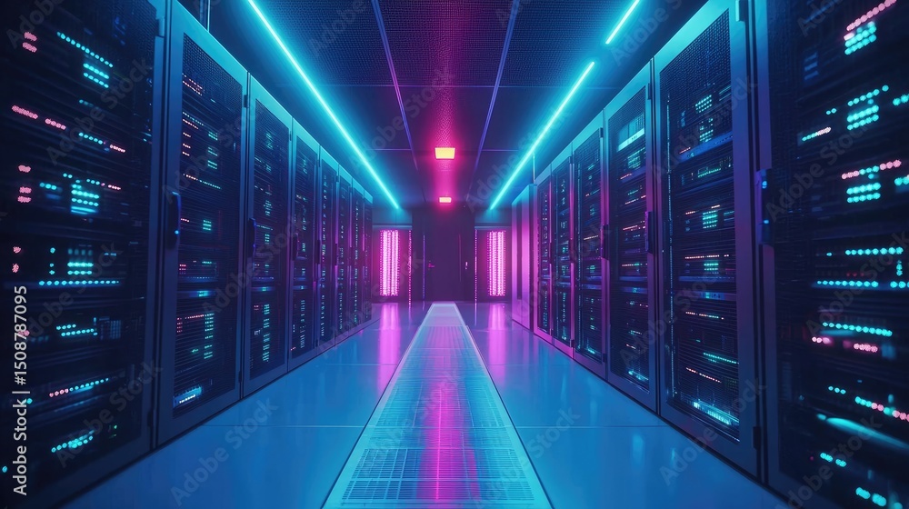 Fototapete symmetrical neon-lit data center with vibrant blue and magenta server racks, ideal for illustrating 