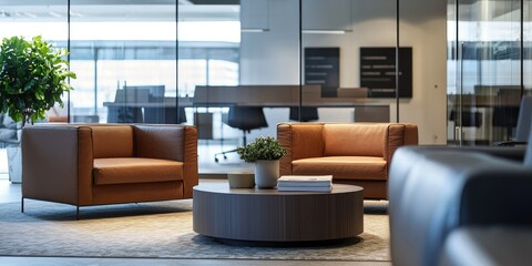 Fototapeta premium Detailed view of a modern office lounge featuring stylish furniture and subtle branding, suitable for professional corporate designs.
