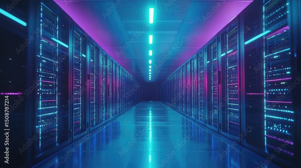 Fototapete futuristic neon-lit data center corridor with rows of glowing server racks in blue and purple tones,