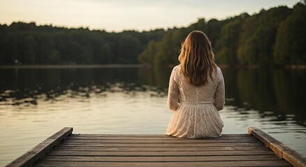Woman Sitting on Dock Enjoying Calm Lake and Forest Scenery