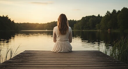 Woman Sitting on Dock Enjoying Peaceful Lake View at Sunset
