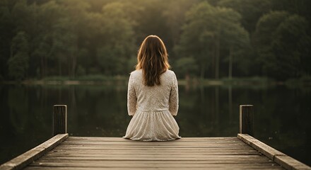 Woman Sitting on Wooden Pier Contemplating Lake and Forest Landscape