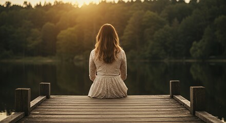 Woman Sitting on Dock Looking at Lake at Sunset Peaceful Scene