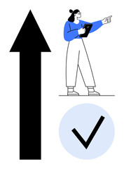 Woman holding tablet and pointing forward, standing near large upward arrow and check mark. Ideal for motivation, leadership, progress, direction, goal setting, success visualization, simple landing