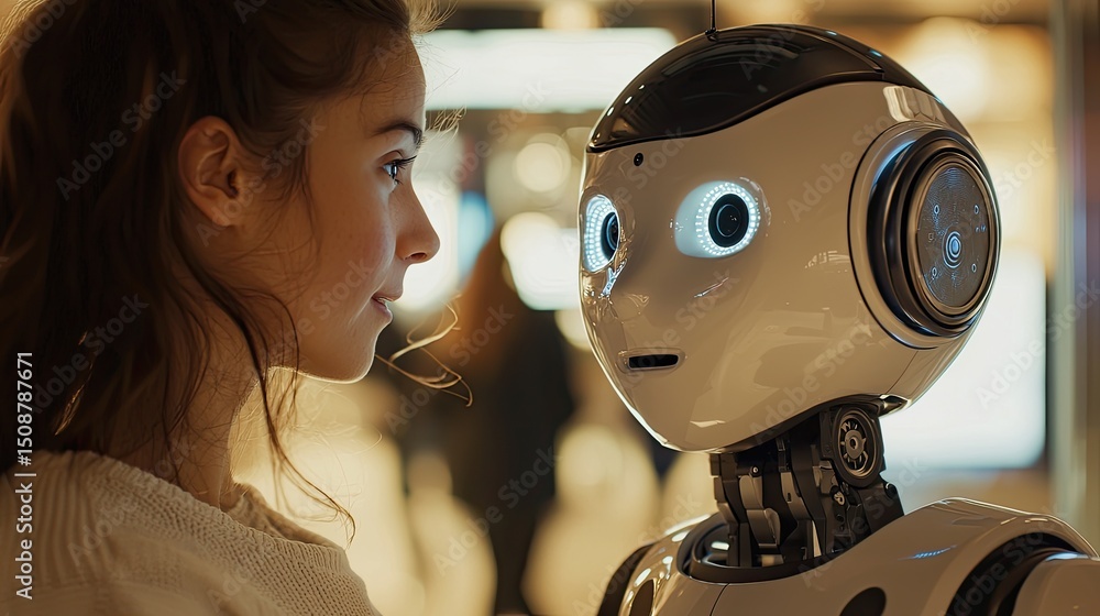 Aufkleber A focused image of a robot engaging with a human, showcasing AI-enhanced communication and advanced collaboration between human and machine.