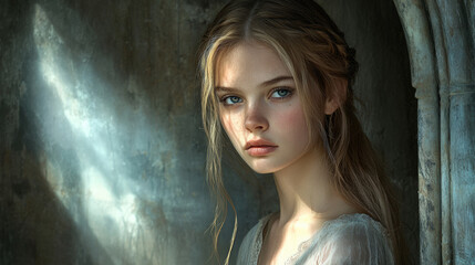 Fototapeta premium Beautiful Woman Illuminated by Sunlight. A beautiful woman with blue eyes and blonde hair is illuminated by sunlight filtering through a window, creating a dreamy effect.