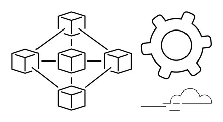 Connected cubes representing blockchain, gear symbolizing operation, and cloud for technology. Ideal for blockchain, technology, data, automation, development network cloud. Flat simple metaphor