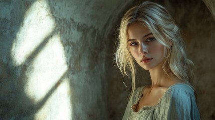 Fototapeta premium Elegant Blonde Beauty in Soft Light. A beautiful woman with blonde hair poses in front of a rough wall illuminated by the soft light of a window.