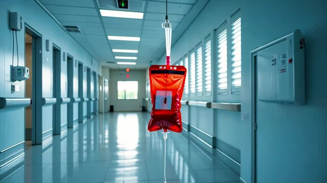 Blood transfusion bag hanging in empty hospital corridor under bright clinical lights