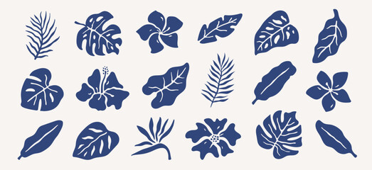 Abstract set of summer tropical exotic leaves and flowers