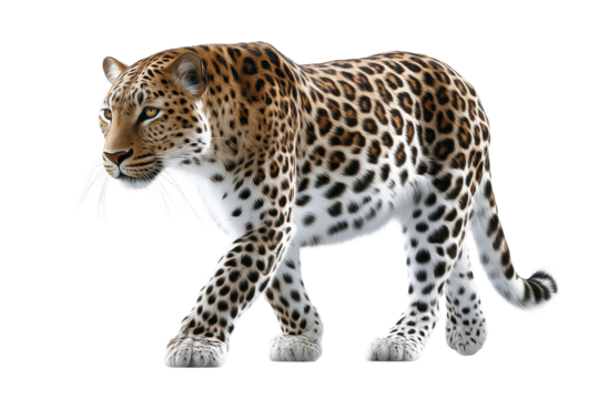 Leopard walking gracefully with a sleek, spotted coat