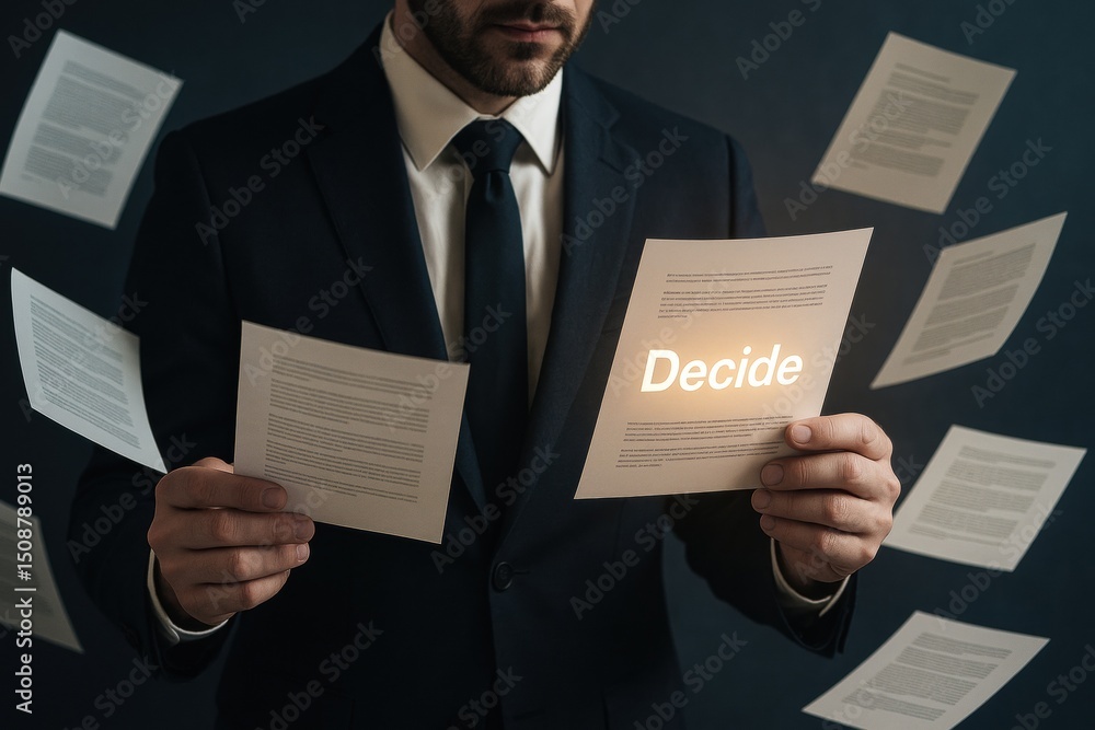 Aufkleber a businessman analyzes floating documents symbolizing decision-making and strategy emphasizing leade