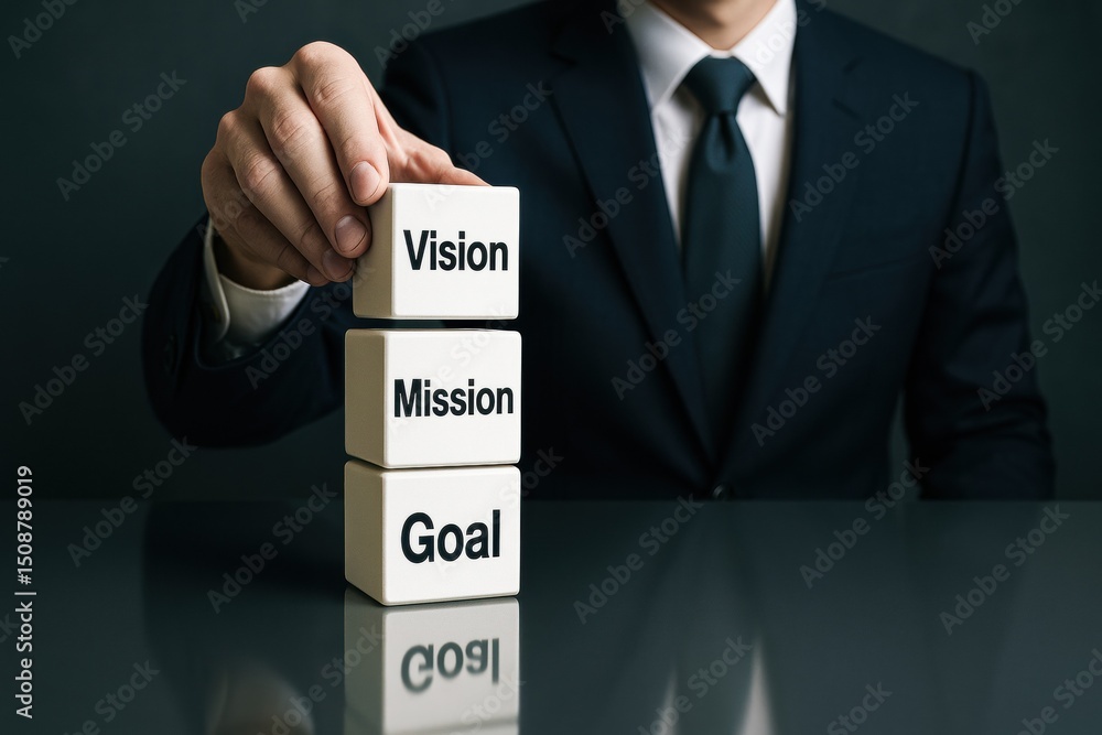 Poster a businessman demonstrates strategy and decision-making by stacking blocks representing vision missi