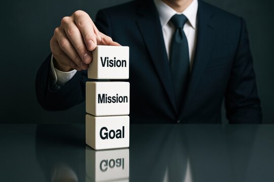 A businessman demonstrates strategy and decision-making by stacking blocks representing vision mission and goal to drive business growth and success
