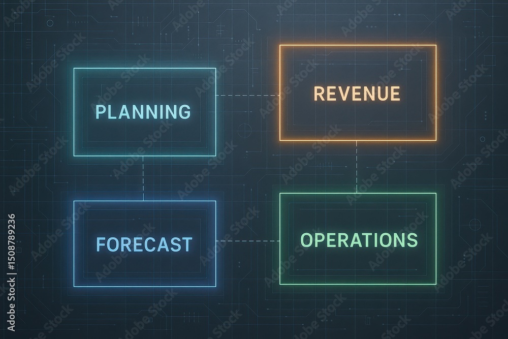 Poster this blueprint-style layout highlights core business functions with strategic planning revenue manag
