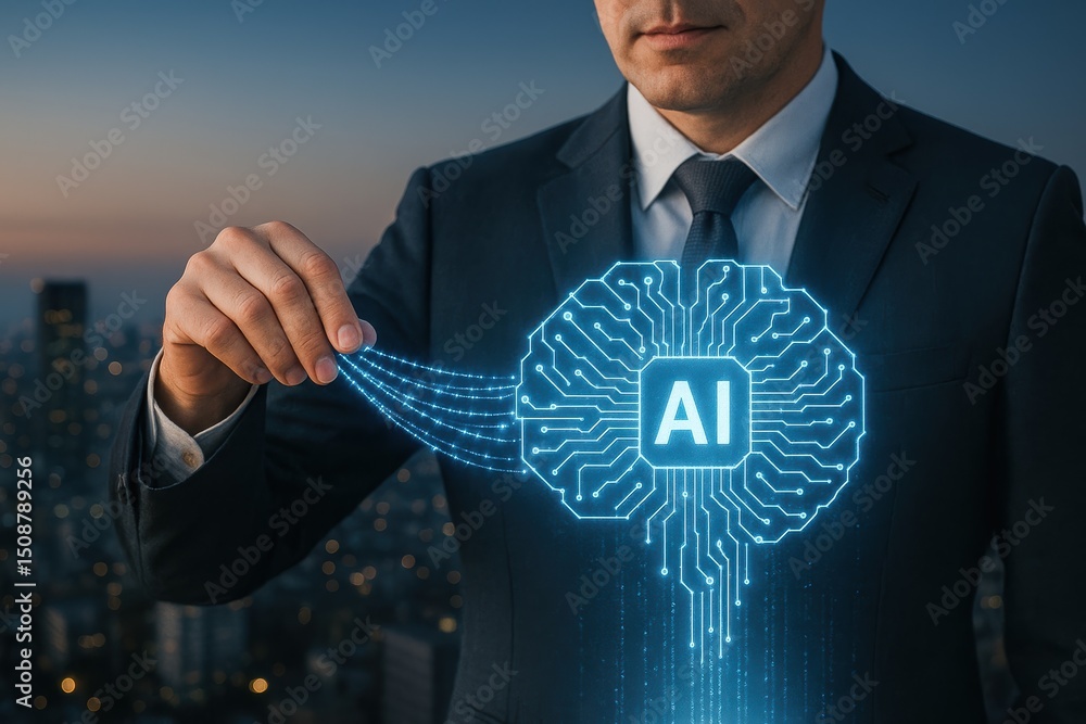 Poster a business leader demonstrating strategy and decision-making by utilizing artificial intelligence te