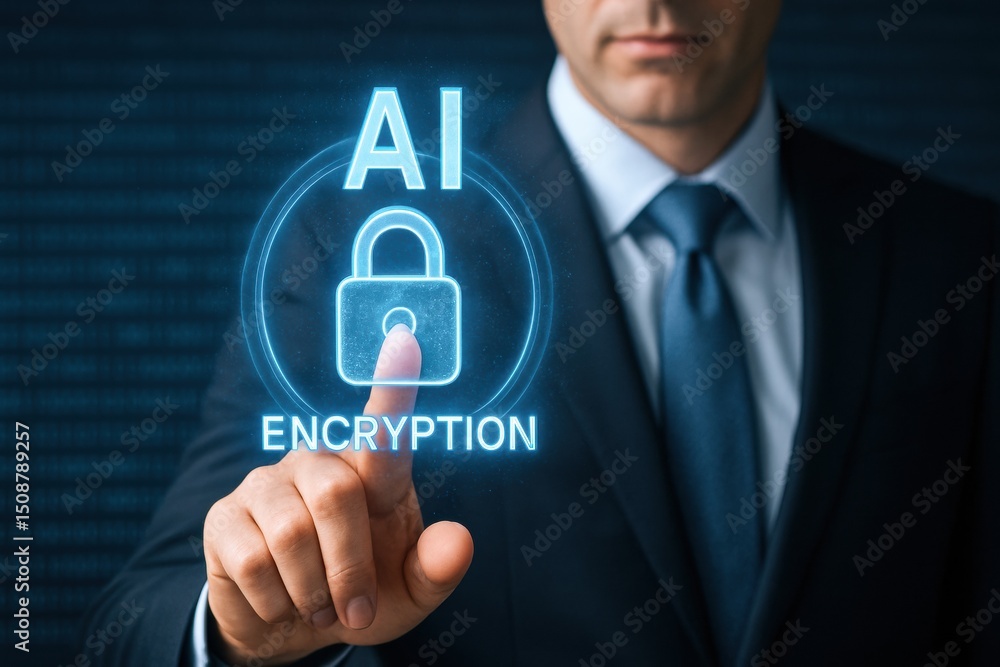 Poster a business professional uses advanced ai encryption to enhance security and strategy driving innovat