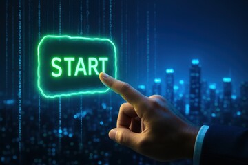 A business decision is initiated as a presses a glowing start button symbolizing innovation and strategic growth in a digital environment