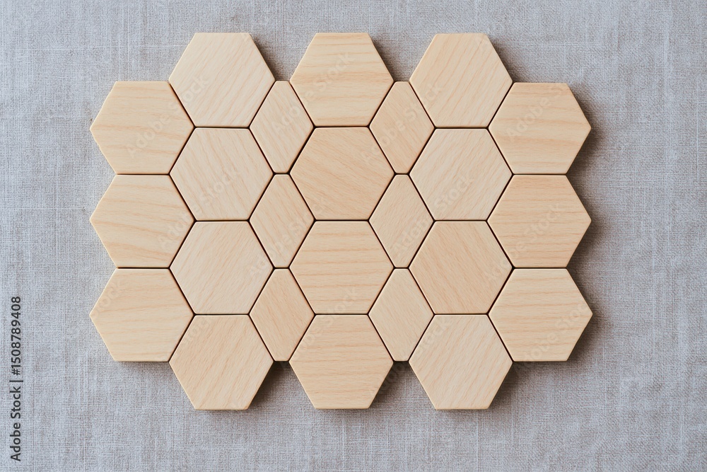 Poster this arrangement wooden hexagon tiles on linen cloth symbolizes strategic growth and efficient decis