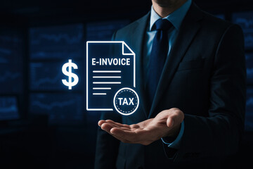 A strategic business professional presents an innovative digital e-invoice concept highlighting efficient tax and financial decision processes in a fintech environment
