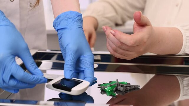 An endocrinologist measures blood sugar. Finger blood test, capillary blood on an empty stomach. Preparation for diabetes examinations. Hands closeup Doctor takes blood from his finger