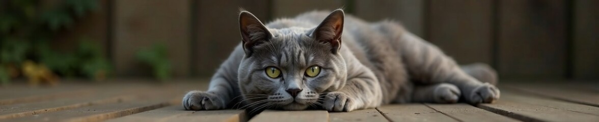 British Shorthair Gray Cat Stunned on Wooden Plank, feline, gray cat on wooden plank, cute cat