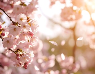 Fototapeta premium Delicate pink blossoms on a branch, petals falling in soft sunlight