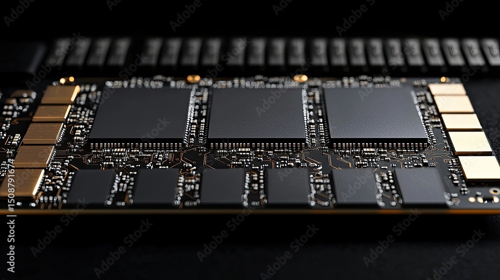 Poster focused view of an ssd revealing its circuit board, emphasizing speed and efficiency, showcasing adv