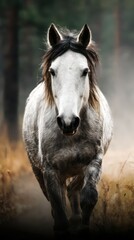 Majestic gray horse running through misty forest at sunrise in a serene natural setting