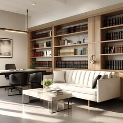 Modern office interior featuring a stylish sofa, bookshelves filled with books, and a desk setup