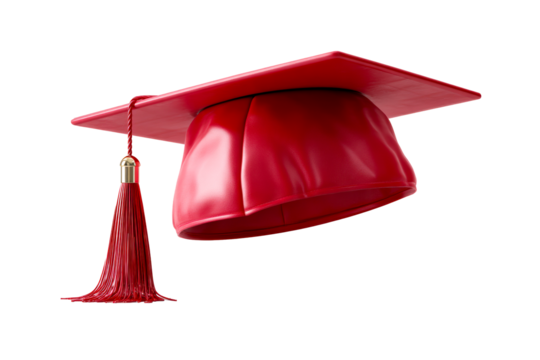 Bright red graduation cap with tassel on transparent background