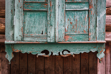 Decorative Wooden Window Element of Abandoned Village House — Rustic Detail with Copy Space
