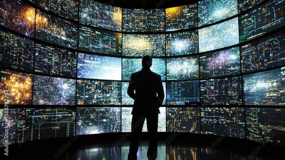 Poster an administrator monitoring a large-scale network, with multiple screens displaying live data.