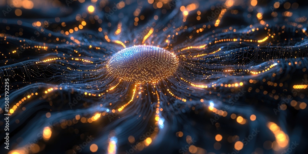 Poster a futuristic visualization of machine learning in a cyberpunk setting, with intricate data patterns,