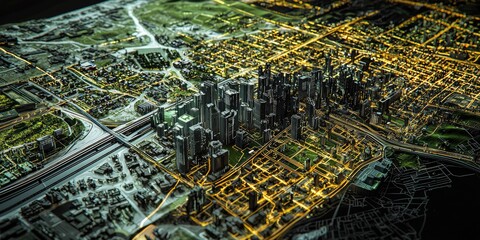 Obraz premium A modern urban design interface with interactive city planning tools, real-time infrastructure data, and advanced technology integration.