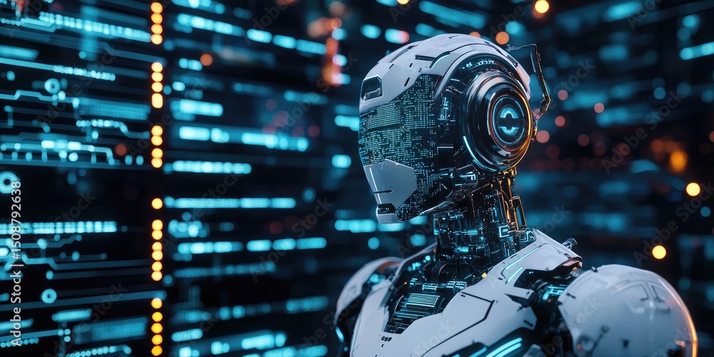 Poster a sleek, futuristic robot in a cyberpunk world, with glowing neon circuits, advanced ai features, an