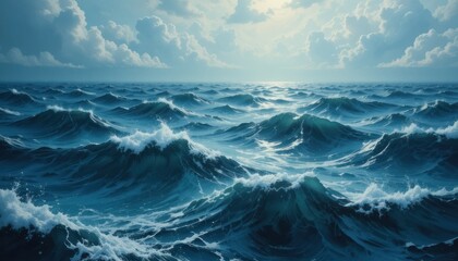 Fototapeta premium Illustration of Ocean waves crashing waves with sea foam and reflections