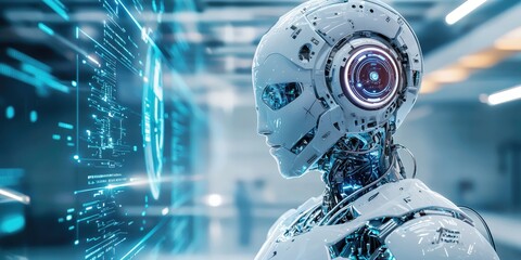 a building with smart technology, featuring robotic elements, AI integration, and a sleek, modern aesthetic in a high-tech environment.