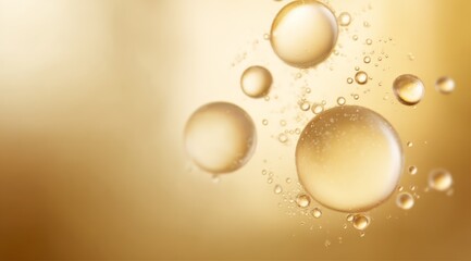 Golden serum bubbles varying in size drifting across blurred gradient background, representing luxurious skincare essence with dynamic visual for cosmetic abstract composition, for beauty and skincare