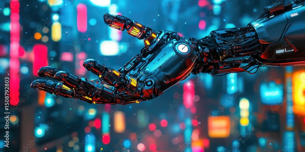 Poster A detailed view of a futuristic robot with metallic limbs, neon-lit joints, and cyberpunk design elements, set in a dystopian cityscape.