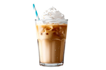 Iced coffee with whipped cream and straw served in a glass