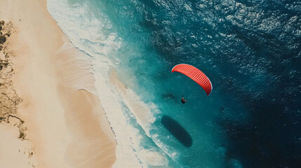 An aerial view captures a paraglider flying over turquoise water, near a sandy beach.