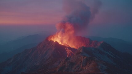 Volcanic eruption at dawn over a mountain range.
