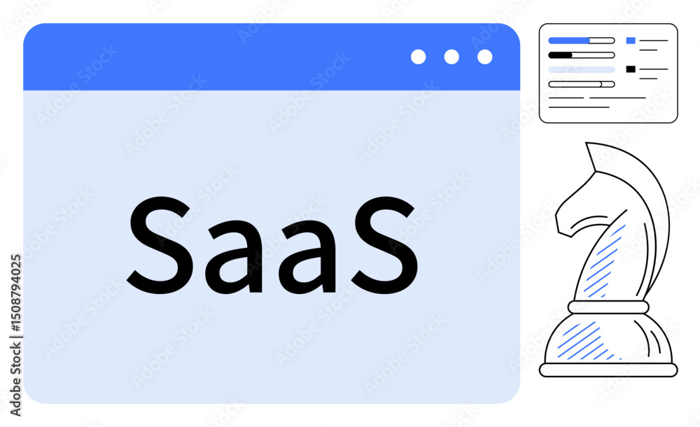 Poster browser screen with saas text, small analytics dashboard, and chess knight symbolizing strategy. ide