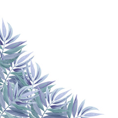 Watercolor blue green tropical tree palm leaves branches illustration frame border decor isolated background. Floral elements, palm leaf. Hand-painted. For print, bags, cards, design, invitation