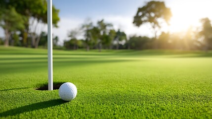 Obraz premium Lush green golf course with bright sunlight