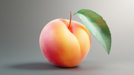 A single ripe peach with a vibrant green leaf, studio shot against a neutral background, showcasing its juicy texture and summery colors.