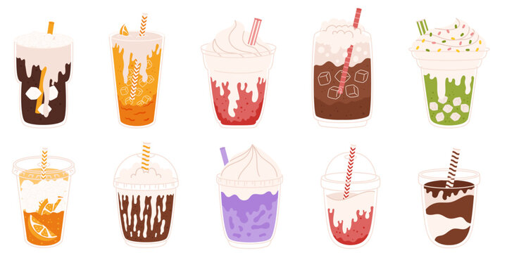 Colorful cartoon set of dirty soda drinks with whipped cream toppings and straws