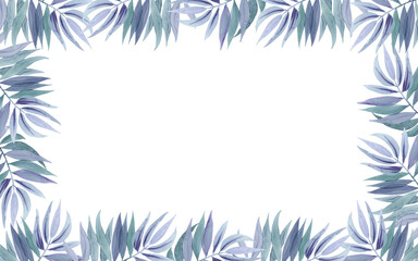 Watercolor blue green tropical tree palm leaves branches illustration horizontal frame isolated on white background. Floral elements, palm leaf. Hand-painted. For print, bags, cards, design invitation